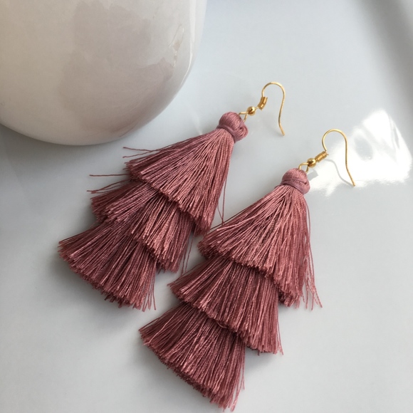 Tiered Tassel Drop Dusty Rose Dangle Earrings - Picture 6 of 8